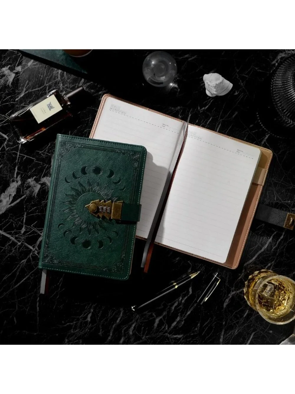 Lockable A5 Journal with Pen, 240 Pages, Refillable Leather Diary, Dark Green